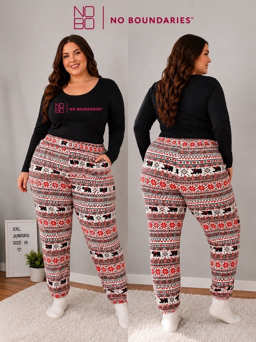 No Boundaries Cozy Fair Isle Bear Plush Leggings Pajama Pants XXL Juniors 19